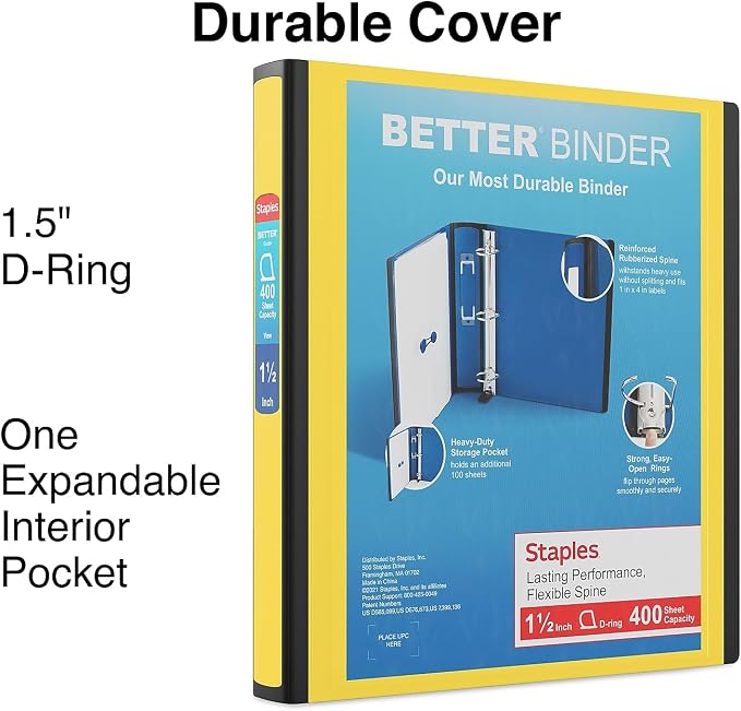 Staples Better Binder 1.5-Inch D-Ring View Binder, Reinforced Spine, Holds Up to 350 Sheets, Yellow, for Office & School