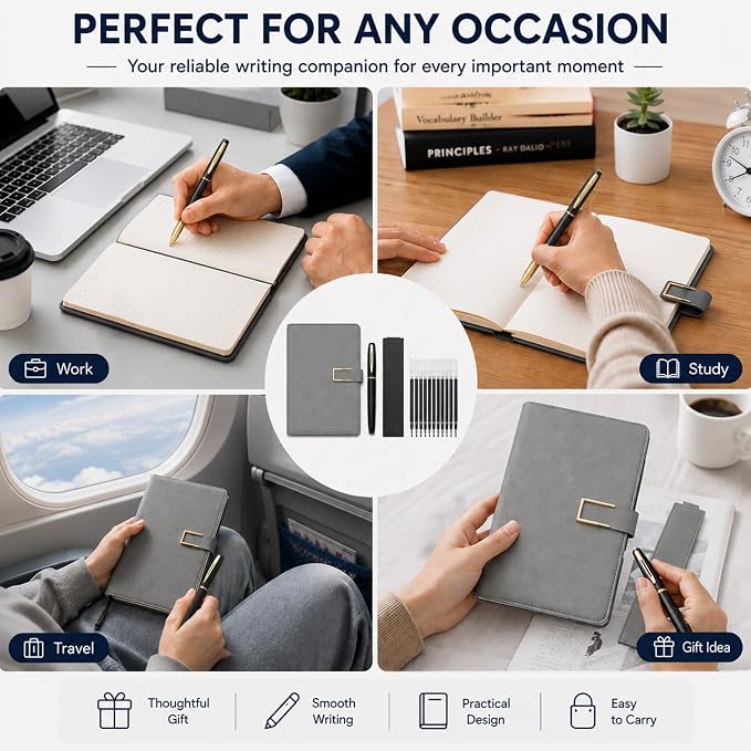 CRME A5 Lined Journal Notebook Set,Hardcover Writing Journal with Magnetic Clasp,Ballpoint Pen and Refills for Work Office Notes,Black