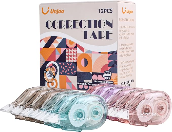 Unjoo White Correction Tape (12pack, 6M/256, Tape Width 0.2in, 4 colors) | Easy To Use Applicator, Fast, Clean Tear-Resistant Tape For school Supplies, Office