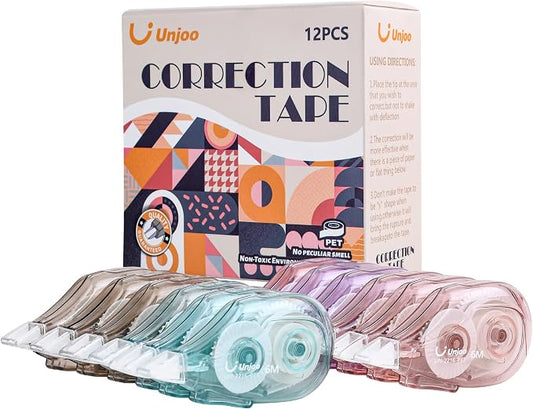 Unjoo White Correction Tape (12pack, 6M/256, Tape Width 0.2in, 4 colors) | Easy To Use Applicator, Fast, Clean Tear-Resistant Tape For school Supplies, Office