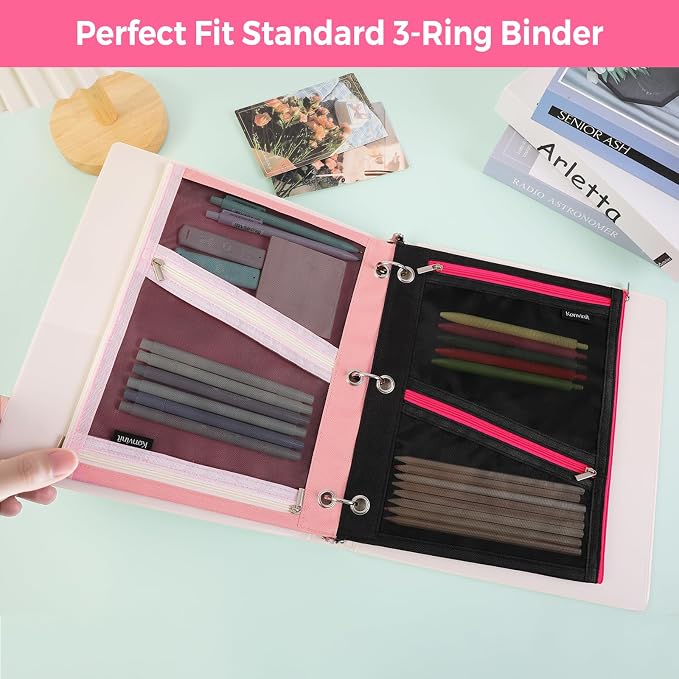 KONVINIT Pencil Pouch for 3 Ring Binder, Black Zipper Binder Pencil Pouch | Zipper Pencil Pouches, Durable Cloth Pencil Case With 3 Pockets, Mesh Window Pencil Bag With Supplies, Cables, Makeup