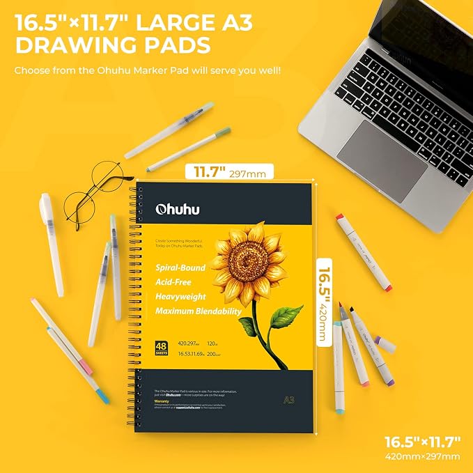 Ohuhu 16.5"x11" Marker Paper Pad Art Sketchbook for Drawing and Sketching | XL A3 Large Sketch Book -120 LB/200 GSM Smooth Drawing Paper -48 Sheets/96 Pages -Spiral-Bound Sketch Pad for Alcohol Markers
