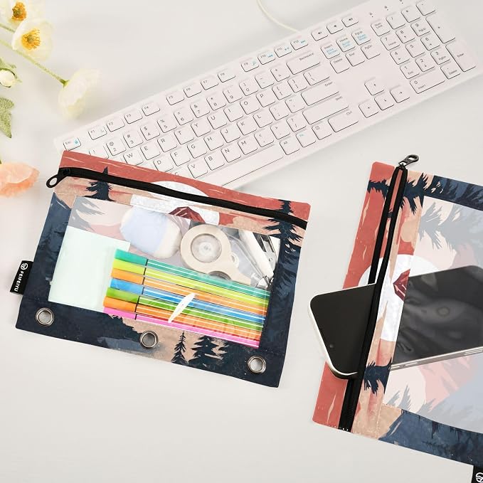 A Mountain Pencil Pouch Fits standard 3-ring binders, Zipper Binder Pencil Bag with Clear Window for Office 2 Pack