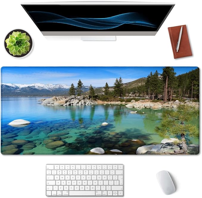 SSOIU Extended Mouse Pad, XXL Gaming Mouse Pads, Large Big Mousepad Laptop Computer Keyboard Mat Desk Pad with Non-Slip Base Stitched Edge for Gaming Office, 35.5 x 15.7 inch, Lake Tahoe