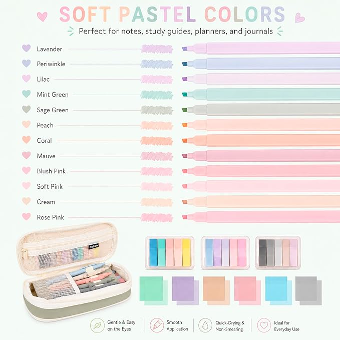 27 Pcs Aesthetic School Supplies Include 12 Pcs Aesthetic Highlighters Bible 1 Ppcs Big apacity Pen Case Bag 5 Pcs Retractable Quick Dry Gel Ink Pens 9 Pads Clear Sticky Tabs for School Office Home