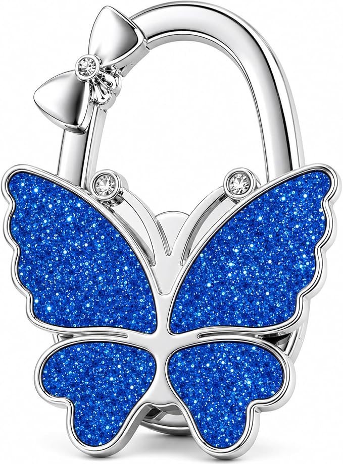 Purse Hook for Table, Foldable Handbag Hanger for Women, Portable Bag Holder with Non-Slip Base, Cute Matte Blue Butterfly Purse Table Hook for Restaurant Office Travel Gift