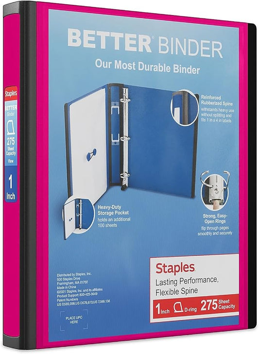 Staples Better View 1-Inch D-Ring Binder, Pink – Durable 3-Ring Binder with Clear Overlay for School & Office