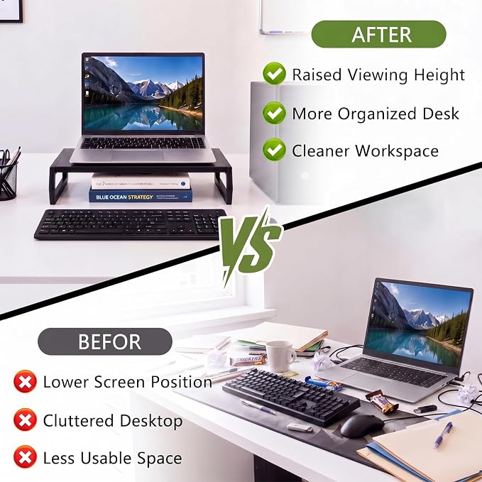 Wenqik Solid Pine Wood Laptop Riser, 14.2" Wooden Laptop Stand for Desk, Monitor Shelf with Keyboard Storage, Minimalist Desktop Organizer for Dorm Room, Home Office, Black(Hexagonal Design)