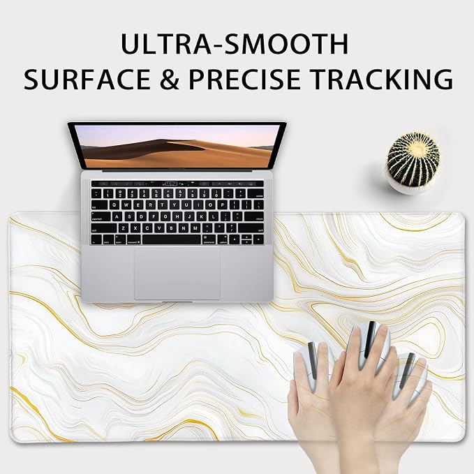 Marble Pattern Large Gaming Mouse Pad 31.5"x15.7"｜ Gold Topographic XXL Desk Mat, Non-Slip Rubber Base & Stitched Edges - Extended Waterproof Mousepad for PC/Laptop/Office/Home Decor
