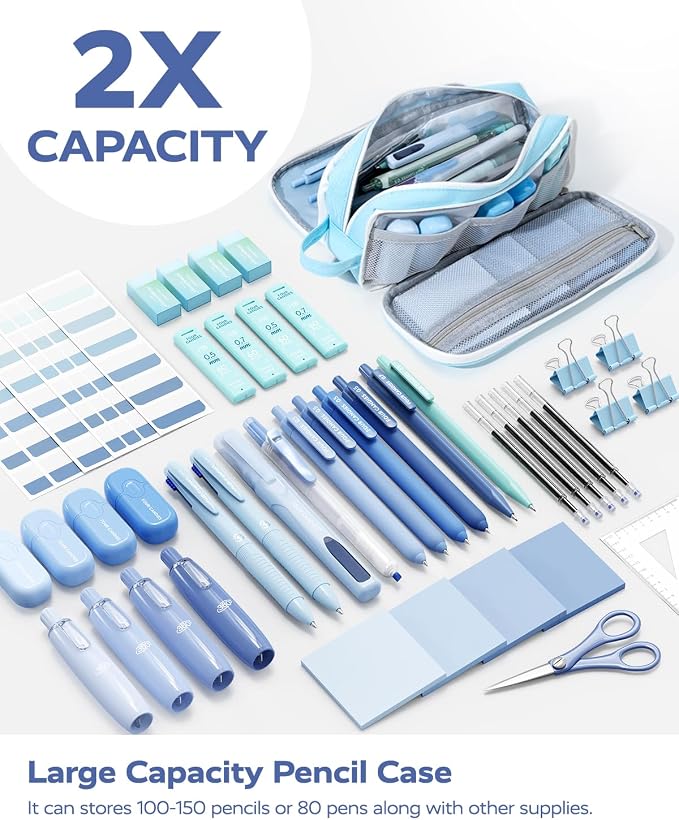 Four Candies Aesthetic School Supplies Kit with Cute Blue Pencil Case | Back to School Stationery Set with Pens, Highlighters, Mechanical Pencils, Sticky Notes for Students, College, Journaling