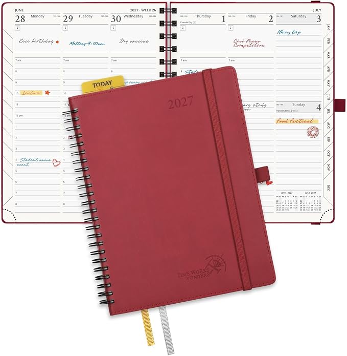 POPRUN 2027 Planner, 6.5'' x 8.5'', Weekly and Monthly Daily Calendar Book | 2027 Agenda(Jan - Dec) Appointment Book with Hourly Time Slots, Monthly Tabs, 100GSM, Spiral Leather Cover - Burgundy