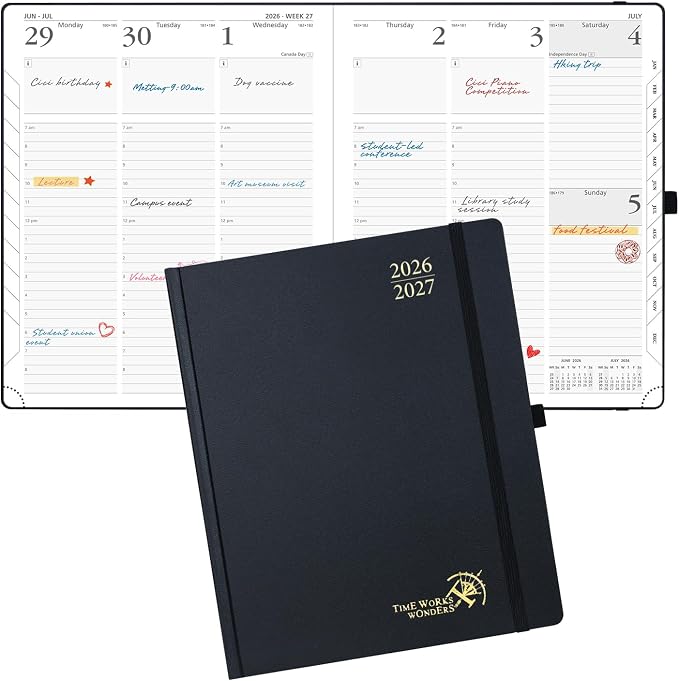 POPRUN 2026-2027 Academic Planner, Large Size 8.5" x 10.5", Weekly and Monthly Calendar, July 2026 to June 2027, Hardcover Appointment Book with Vertical Layout, Hourly Time Slots, Monthly Tabs - Black