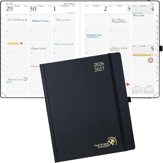 POPRUN 2026-2027 Academic Planner, Large Size 8.5" x 10.5", Weekly and Monthly Calendar, July 2026 to June 2027, Hardcover Appointment Book with Vertical Layout, Hourly Time Slots, Monthly Tabs - Black