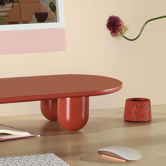 Fenge Computer Monitor Stand with Solid Beech Wood Legs, 34 Inch | Full-Red Finish Panel, 5-Min Tool-Free Assembly, Oval Monitor Riser for Art Spaces, Studios, Home Office