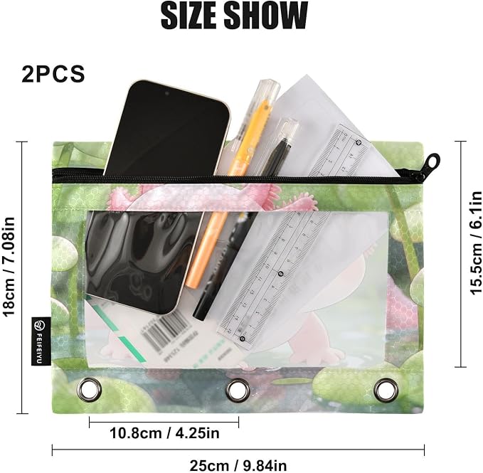 Cute Axolotl Pencil Pouches for 3 Ring Binder, Zipper Binder Pencil Case, 2 Pack Clear Window Case Bag for Office Organizers