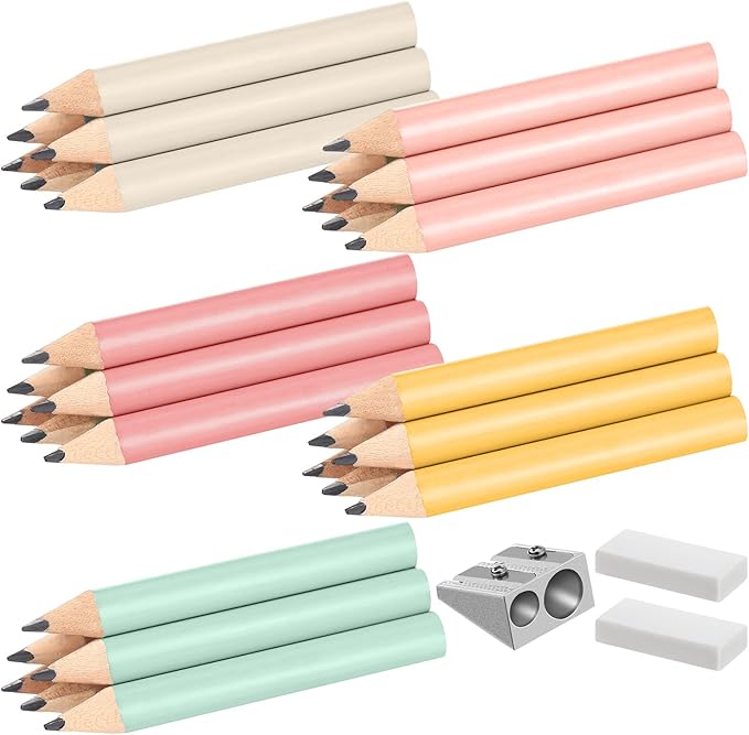 Marspark 30 Pcs Short Triangular Fat Pencils Bulk First Day of School 3.5 Inch Wooden Jumbo Pencils with Sharpener and 2 Erasers for Preschoolers, Kindergarten, Toddlers, Beginners(Lively Colors)