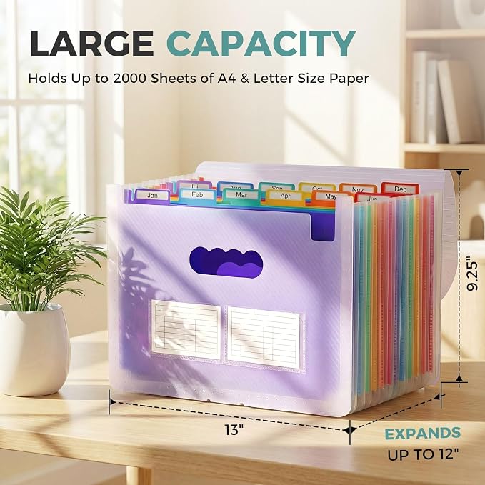 SKYDUE Accordion File Organizer, Expanding File Folder with 12 Pockets, Portable Document Paper Bill Receipt Organizer, Home School Office Supplies, Letter A4 Size Purple