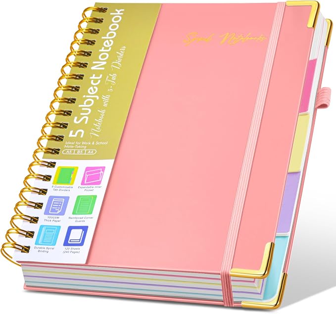 Hardcover Spiral Notebooks for Work, 5 Subject Notebook College Ruled with Dividers Tabs, Lined Organizer Notebook Journal for women, 8"x10" Large B5 Notebooks for School Note taking, 240 Pages Pink