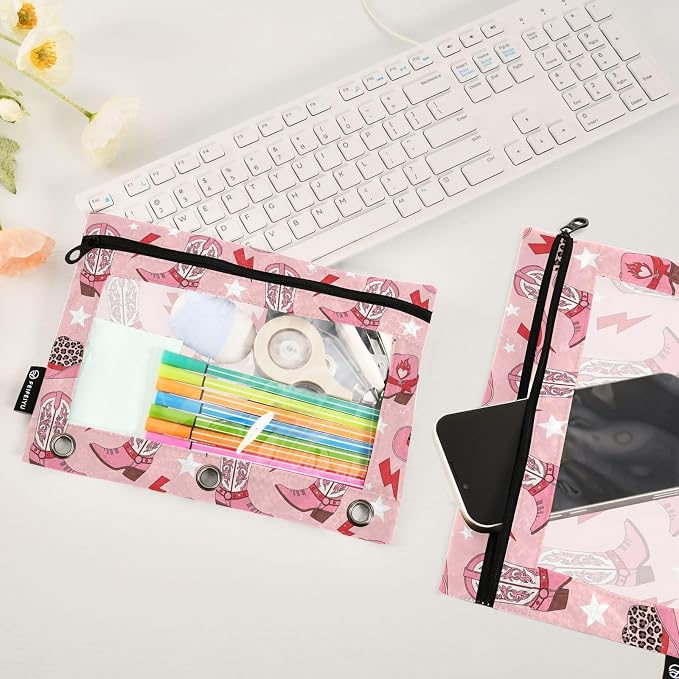 Emelivor Hat Boots Pink Pencil Pouch for 3 Ring Binder 2 Pack Binder Pencil Pouches Zippered Clear Pencil Case Cosmetic Bag for Office Work College Home Supplies