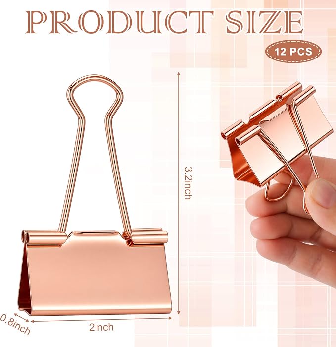 Frienda 12 Pack 2 Inch Extra Large Binder Clips Big Paper Clamps Metallic Large Paper Clips with Grip Reusable Office Organization Supplies for School Office Home (Rose Gold)