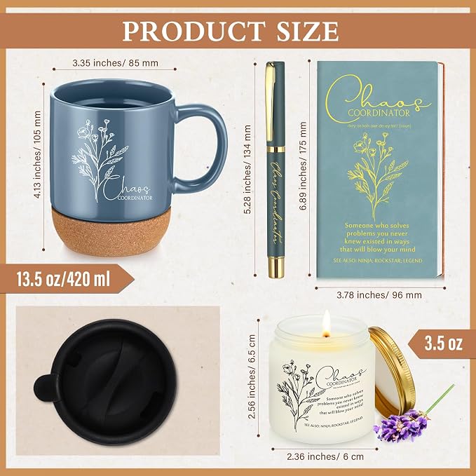 Sayglossy 4 Pcs Blue Chaos Coordinator Gift Set Back to School Gift for Teachers Women Men Notebook Coffee Mug Scented Candle Ballpoint Pen for Teacher Assistant Principal Class School Staff Coworker