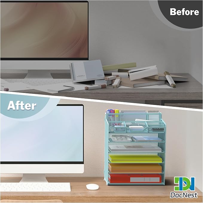 Docnest 6 Tier Mesh Desk Organizer with Letter Tray & Paper Sorter, Blue | Features 3 built-in pen holders & 5 adjustable compartments on top. Includes 4 non-slip rubber feet for desk protection