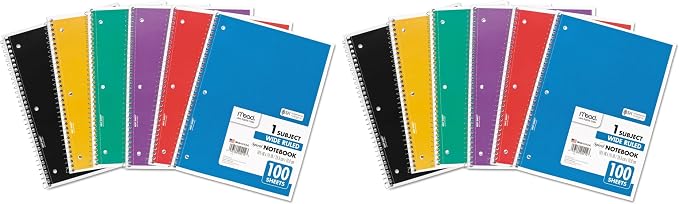 Mead Spiral Notebook, 1 Subject, Wide Ruled Paper, 100 Sheets, 10-1/2" x 8", Color Selected For You, 1 Count (05514) (Pack of 2)