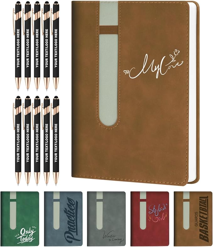 ENOMY Personalized Notebook Journal with 10 PC Pens Gifts Set Custom Notebook 240 Pages A5 Lined Journal for Men Women Hardcover Notebooks for Work College Graduation Gifts, Coffee