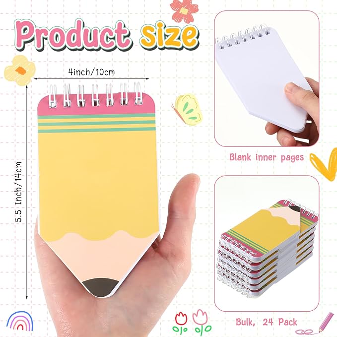 Resurhang 24 Pcs Back to School Mini Notebooks Bulk Small Pocket Spiral Notebook Pencil Shape 50 Pages Cute Tiny Notepads Memo Pads for Office Teacher Students Graduation Gifts Classroom Prizes