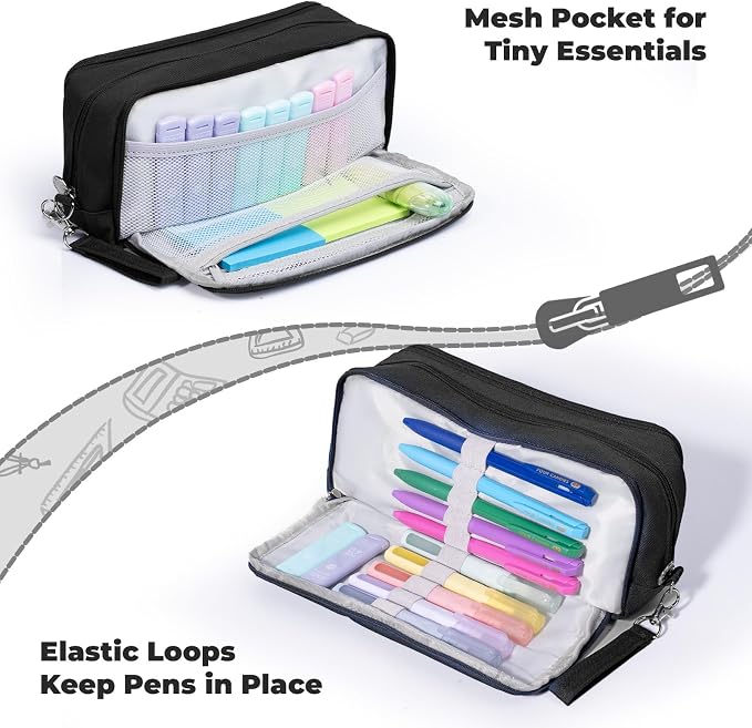 Four Candies Black Pencil Case 3 Compartment Pouch, Large Pencil Pouch for School, Girls, Teen Boys, Women, Black, Removable Handle & Zipper, Cute Pencil Bag for Office, College
