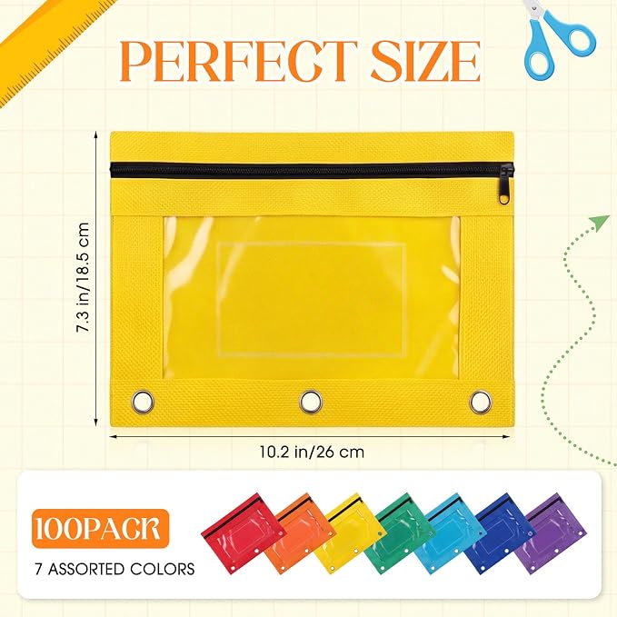 Zhehao 100 Pcs Zipper Binder Pencil Pouches:3 Ring Binder Pencil Pouches with Window Bulk Clear Pen Bags Case for Office School Classroom Supplies(Novel Color,Single Layer)