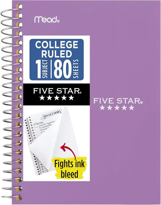 Five Star Spiral Notebook, 1 Subject, College Ruled Paper, 4-3/8" x 7", Personal Size, 80 Sheets, Fights Ink Bleed, Water Resistant Cover, Amethyst Purple (450048CF1-ECM)