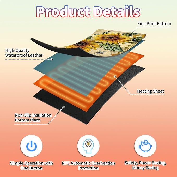 Heated Desk Pad Large Mouse Pad 23.6 x 14.1 inch with 3 Levels Heating & Auto Shut-Off Warm Mouse pad PU Leather Computer Mousepad for Home Office Work - Cute Bee Sunflower