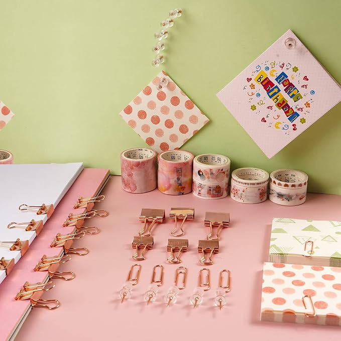 97 PCS Office Supplies for Women, Paper Clips, Binder Clips and Push Pins Set, Paperclips Thumb Tacks School and Home Desk Supplies, Desk Organized (Rose Gold)