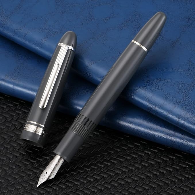 erofa Majohn P136 Piston Fountain Pen Fine Nib with Box, Gray Resin Writing Pen Set