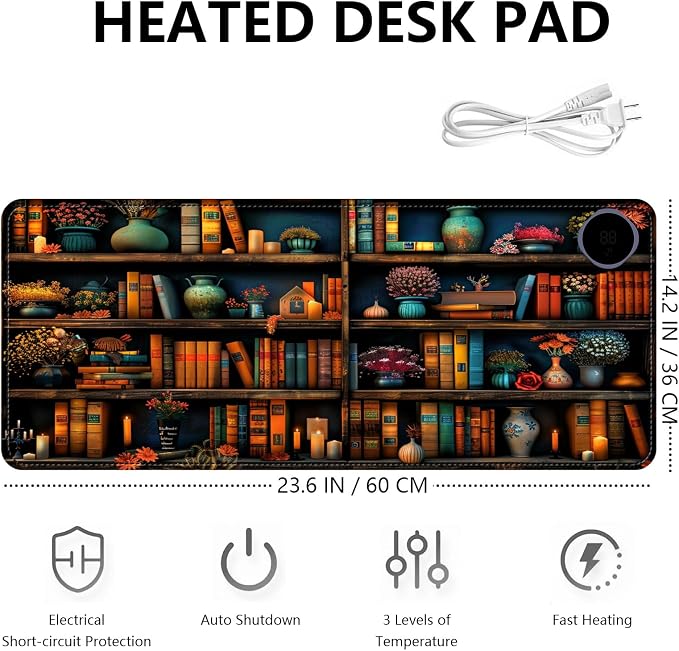 Heated Mouse Pad with 3 Levels Heated & 3 Hours Auto Shut-Off Mouse Pad for Warming Hands in Office Home, 23.6" x 14.2"Large Safe Desk Mat Hand Warmer，Vintage Colorful Bookshelf