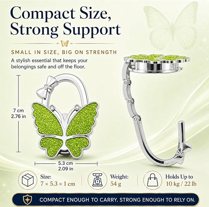 Purse Hook for Table, Foldable Handbag Hanger for Women, Portable Bag Holder with Non-Slip Base, Cute Green Butterfly Purse Table Hook for Restaurant Office Travel Gift