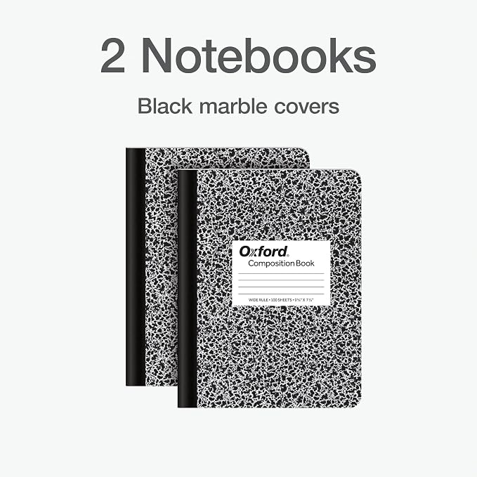 Oxford Composition Notebooks, 9-3/4 x 7-1/2 Inch School Journals, Wide Ruled Paper, Black Marble Covers, 100 Sheets per Book, (1002516), (Pack of 24)