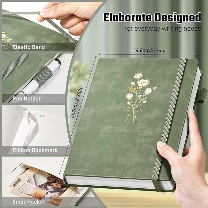 Ovesmusl Journal for Girls Women Journals for Writing 100GSM A5 Leather Notebook for Girls Ages 8-12 College Ruled 192 Pages Flower Diary with Heart-Shaped Shadow 8.3" x 5.7", Green