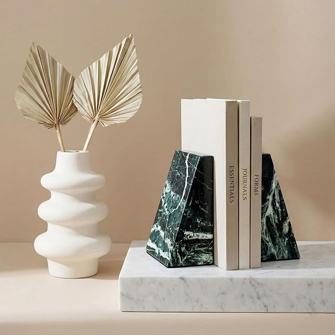 Natural Marble Bookends for Shelves,Office bookends for Heavy Books. Unique Brown Book Ends, Set of 2,Heavy Duty (Green)