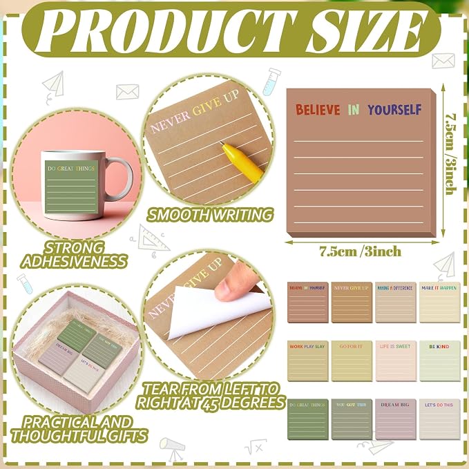 Yinder 24 Pcs Inspirational Sticky Notes, Back to School Supplies, Cute Motivational Sticky Notes Pad Employee Appreciation Gifts Bulk for Teacher Coworker Office 3 x 3'' (Motivational,Boho)
