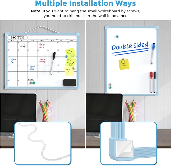 MaxGear Monthly Calendar Dry Erase Board for Wall, 16"x12", Blue Frame | Double-Sided, Hanging Small White Board, Portable Whiteboard for Planning, Drawing, Memo, to Do List, Home, Kitchen, Office