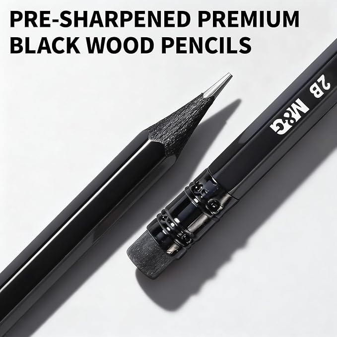 M&G BLACKOO Series 2B Wood-Cased Pencils, 24-Pack Pre-Sharpened with Top Erasers, Bulk Black Pencils for School, Teachers, Writing, Drawing and Sketching (Black)