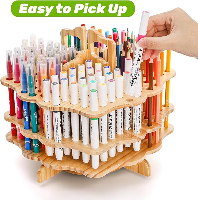 Peohud Wooden Pen Holder, 124 Slots Rotating Pencil Display Stand, Portable Paint Brush Organizer for Colored Pencils, Watercolor Brushes, Art Brushes, Office, Desktop