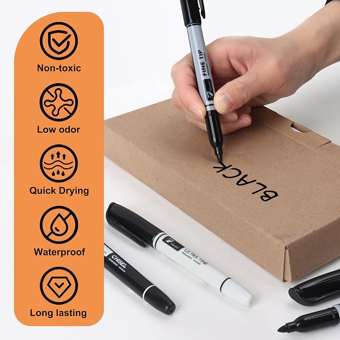 TOWON 12 Black Permanent Markers with Portable Bag - Waterproof Quick Drying Pens Set 8 Fine Tip, 2 Ultra Fine, 2 Chisel Tip Office Home School Supplies for Adults Writing Doodling Marking