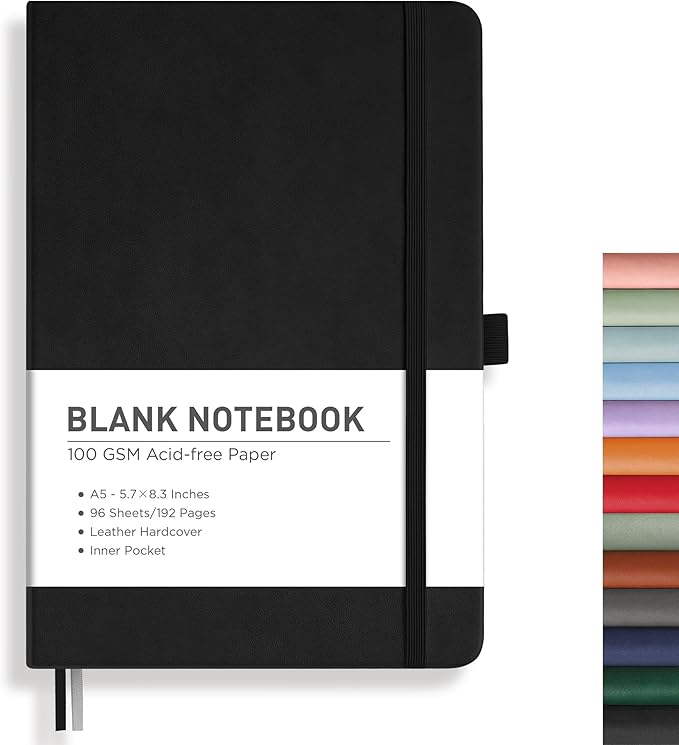 RETTACY Blank Journal Notebook, 192 Pages, A5 Medium Size (5.7'' x 8.3'') | Leather Hardcover, 100 GSM Thick Paper, for Sketching, Drawing, Painting (Black)
