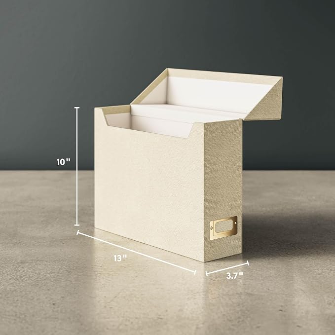 SMEAD Flip Top File Box, 10" x 3.7" x 13", Beige Natural Linen, Gold Metal Nameplate (70232)