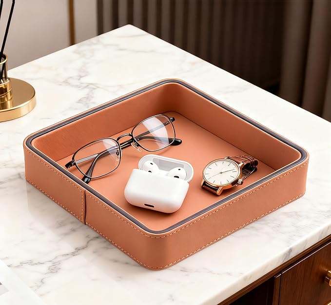 Luxury Faux Leather Square Vanity Tray 8''x8''x1.5'', Elegant Decorative Jewelry & Makeup Organizer for Dresser Vanity Bathroom Counter, Premium Storage Tray for Perfume Skincare Cosmetics