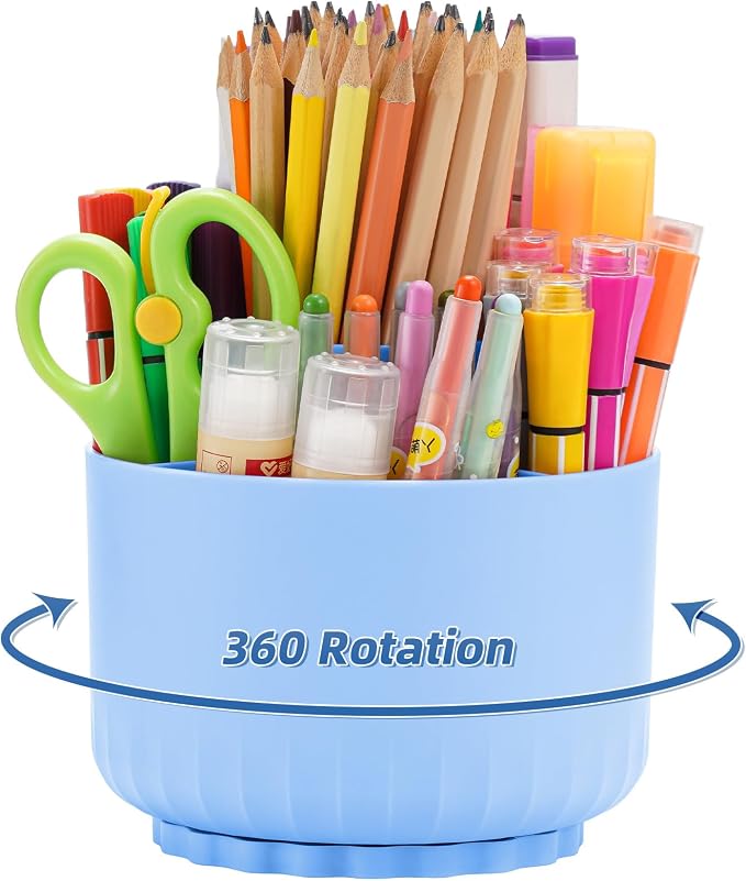 Marbrasse Desk Organizer, 360-Degree Rotating Pen Pencil Holder, Desk Organizers and Accessories with 5 Compartments Pencil Organizer, Art Supply Storage Box Caddy (Sapphire Blue)