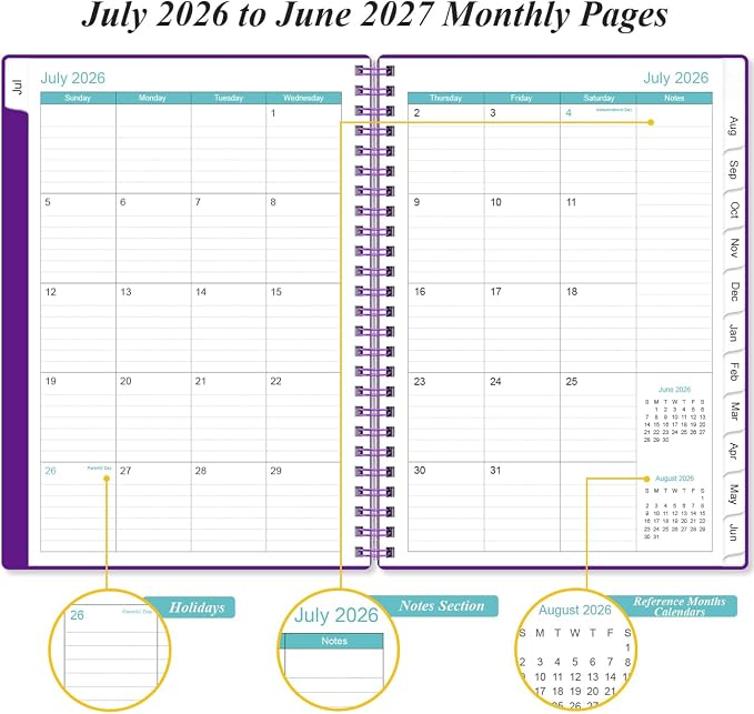 2026-2027 Planner - A5 Weekly & Monthly Planner Spiral Bound, July 2026 - June 2027, with Flexible Cover, Tabs, Inner Pocket, 6.4" x 8.5", Purple